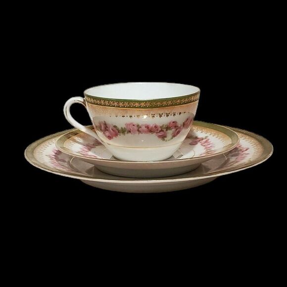 Antique Tea Cup Saucer Floral Gilded Hand Painted Porcelain Victorian MZ Austria - Picture 2 of 12